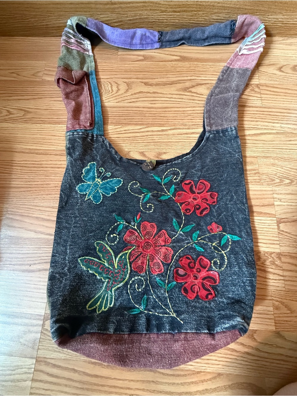 Paths of Spirit Crossbody Monk Bag with a flap pocket on the left side on strap